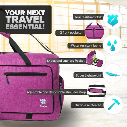 Bago Foldable Duffel Bags for Traveling Women & Men - 60L Medium Packable Duffle Bag for Travel with Shoe Compartment - Water Repellant, Heavy Duty, Lightweight Folding & Collapsible (SnowPink)
