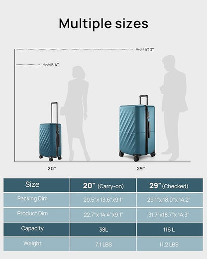 NINETYGO Luggage Sets 2 Piece, Carry On Luggage Airline Approved, Large Checked Trunk Luggage with Smooth Spinner Wheels, Hard Case PC Suitcase Sets, TSA Approved, 20in/29in (Topaz Blue, Hudson)