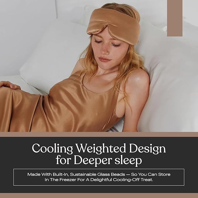 Lunya Weighted Silk Sleep Mask – Mulberry Silk Eye Cover with Cooling Glass Beads, Noise-Reducing Fit, Washable Fabric, and Travel Pouch – Sleeping Mask for Men and Women - Hushed Tan - Small