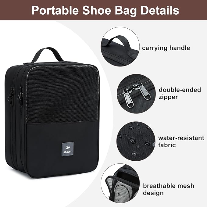 2 Layers Travel Shoe Bag, Portable Shoe Bags Hold 2 Pair Of Shoes, Water-Resistant Shoe Storage Pouch For Travel (Black, 2 Pack)