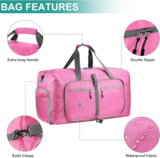 Dimayar Travel Duffle Bag for Men Women - Foldable Duffel Bag with Shoes Compartment - Overnight Bags Waterproof & Tear Resistant(65L,Pink)