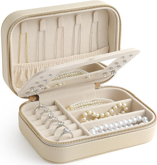 Genuine Leather Travel Jewelry Organizer Case with Mirror for Women, Small Mini Portable Jewelry Box for Ring Earrings Necklace Bracelet Luxury Gift for Women（Beige）