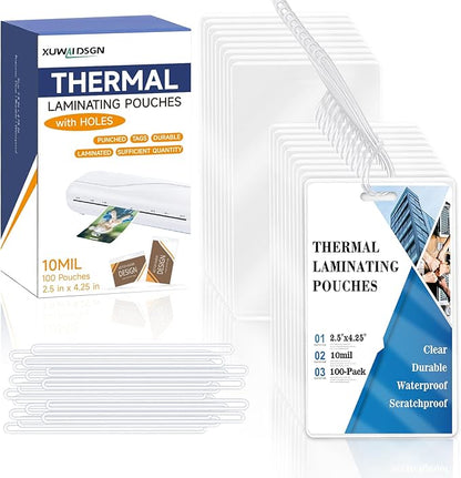 100 Pieces 10 Mil 2 1/2" x 4 1/4" Laminating Pouches with Slot Hole Printable Luggage Tags Clear Thermal Laminate Pouch Tags Kit Resealable for Work Permits Pass Cards Student ID Cards (100, 10 Mil)