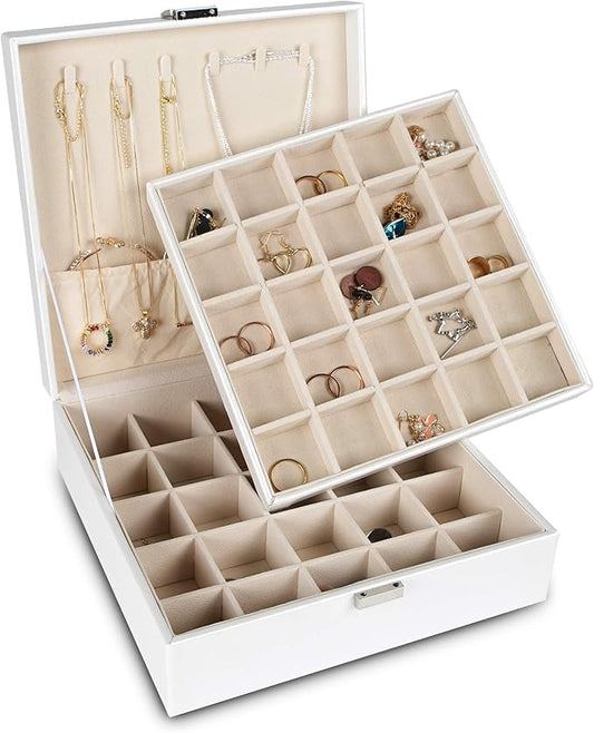 Frebeauty Earring Organizer Classic Jewelry Box 50 Slots Double Layer Jewelry Storage Case with 6 Necklace Hook and Bracelet Pocket(Pearl White)