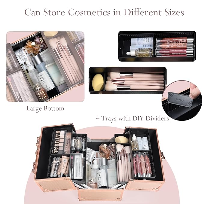 FRENESSA Makeup Train Case Makeup Case Travel Cosmetic Box Organizer Portable Make Up Box with Dividers Lockable for Artist Nail Sewing Vanity Storage Makeup Travel Case Rose Gold