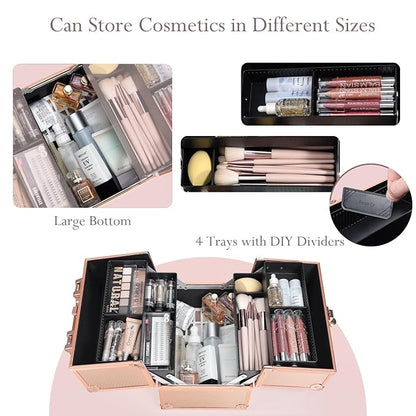 FRENESSA Makeup Train Case Makeup Case Travel Cosmetic Box Organizer Portable Make Up Box with Dividers Lockable for Artist Nail Sewing Vanity Storage Makeup Travel Case Rose Gold