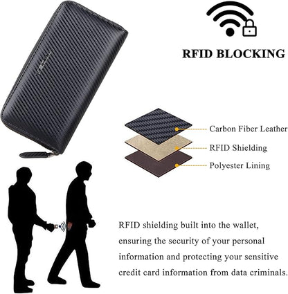 VISOUL Leather Long Zippered Pouch Wallet for Men with RFID Blocking Two-tone, Large Carbon Fiber Leather Clutch Cash Long Wallet with Zipper (Black+Burgundy)