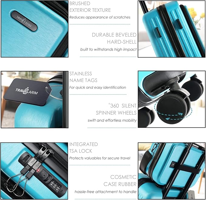 20 Inch Carry On Luggage 22x14x9 Airline Approved, Carry On Suitcase with Wheels, Hard-shell Carry-on Luggage, Durable Luggage Carry-On, Teal Small Suitcase with Cosmetic Case