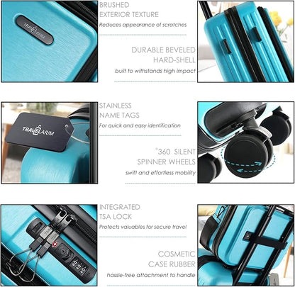 20 Inch Carry On Luggage 22x14x9 Airline Approved, Carry On Suitcase with Wheels, Hard-shell Carry-on Luggage, Durable Luggage Carry-On, Teal Small Suitcase with Cosmetic Case