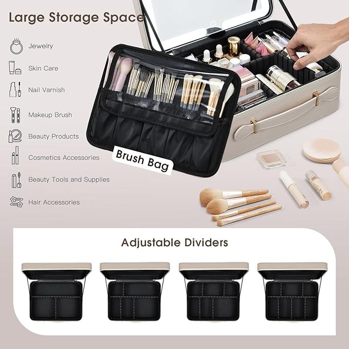 Leather Makeup Case with LED Lighted Mirror 11.4 Inch Travel Makeup Bag Adjustable Brightness in 3 Colors Cosmetic Organizer Artist Storage Bag with Dividers Brush Holder Bag Vanity Pale Gold