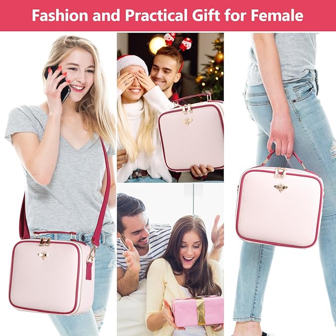 Travel Makeup Bag with Mirror of LED Lighted, Rechargeable Cosmetic Train Case Artist Makeup Organizer for Women with Adjustable Dividers, Makeup Brushes Holder and Strap (White)