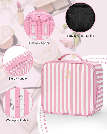 Relavel Travel Makeup Train Case, Cosmetic Case Makeup Organizer, Professional Artist Storage Bag with Adjustable Dividers for Cosmetics Brushes, Birthday Gifts for Girls and Women, Pink Stripe