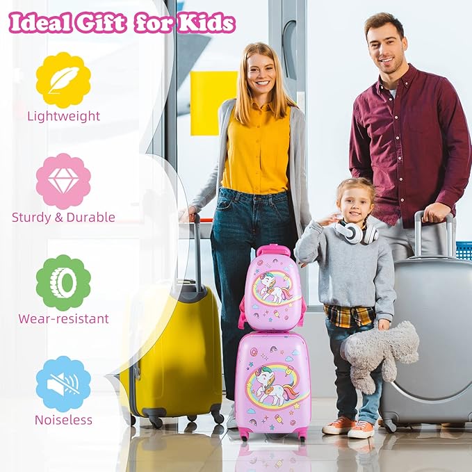 KOTEK Kids Carry On Luggage Set, 16" Hardside Rolling Suitcase with Spinner Wheels, Travel Rolling Luggage for Boys Girls (Pink Unicorn)