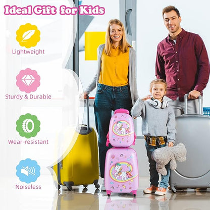 KOTEK Kids Carry On Luggage Set, 16" Hardside Rolling Suitcase with Spinner Wheels, Travel Rolling Luggage for Boys Girls (Pink Unicorn)