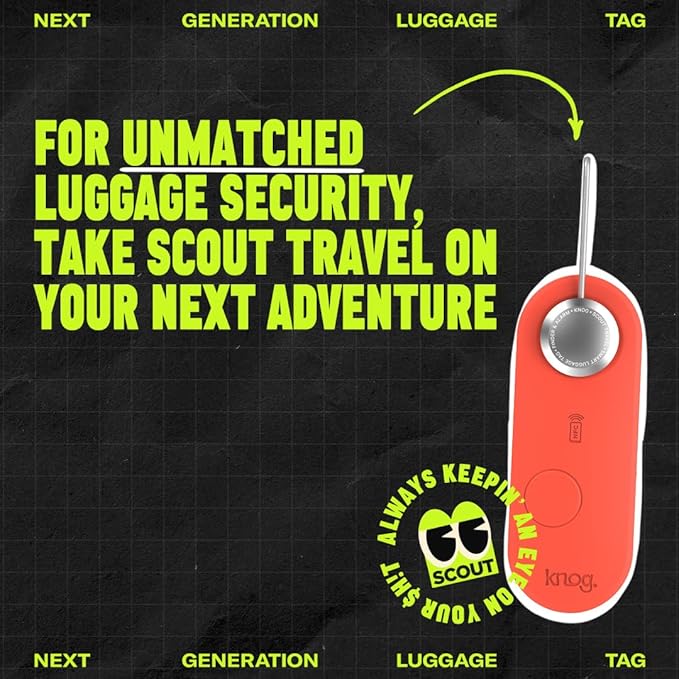 Knog Scout iOS Smart Tag, Tracker & 85d Alarm– Rechargeable Luggage Tag Compatible with iOS App & Apple Find My, Digital Contact Info, Remote Chime, Low Battery Alerts, Water-Resistant, Red