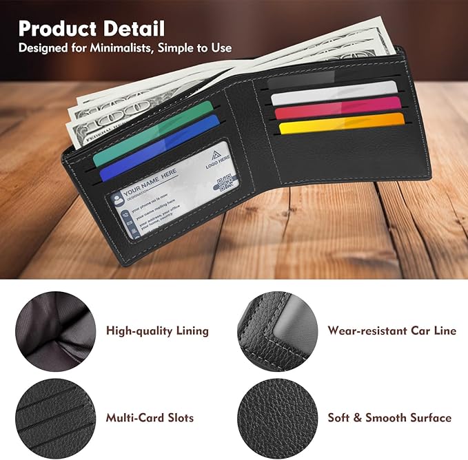 Genuine Leather Slim Bifold Wallet for Men, RFID Blocking Minimalist Design with ID Window and 6 Card Slots (Black)