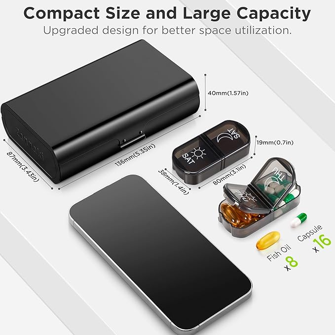 Zannaki Metal XL Weekly Pill Organizer 2 Times a Day, Large Travel Daily Pill Box 7 Day, Portable Week Twice Pill Holder Container, AM PM Pill Case for Medicine Vitamin Medication Supplement, Black