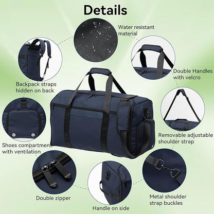 GARPROVM Garment Bags for Travel, 4 in 1 Convertible Garment Duffle Bags with Separated Suit Bag Shoe Compartment, Waterproof Carry On Luggage Bag Backpack Weekender Bag for Short Trip, Navy