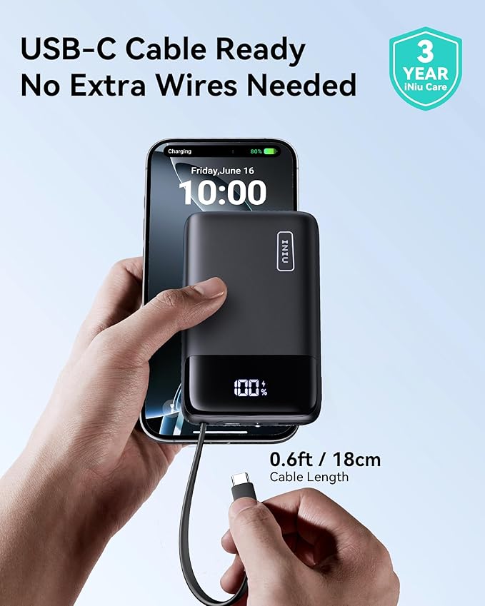 INIU Portable Charger, Small 20000mAh Power Bank with Build in USB-C Cable, 45W Fast Charging Mini Battery Pack, Flight Travel Essentials Phone Charger for College Student Traveler Boys Girls, White