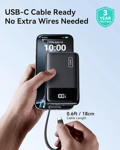 INIU Portable Charger, Small 20000mAh Power Bank with Build in USB-C Cable, 45W Fast Charging Mini Battery Pack, Flight Travel Essentials Phone Charger for College Student Traveler Boys Girls, White