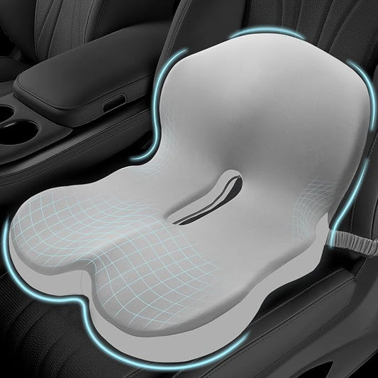 Memory Foam Seat Cushion for Sciatica & Back Pain Relief - Ergonomic Chair Pad with Adjustable Strap & Supportive Comfort Cover, Non-Slip for Car, Truck, Office Chair - Light Gray