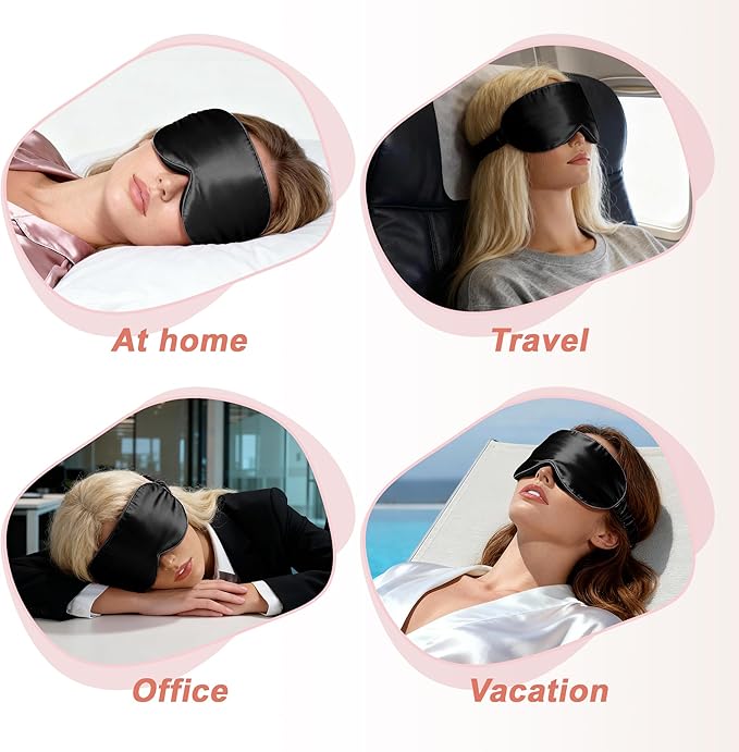 VOCOSTE 22 Momme Pure Silk Sleep Mask with Travel Pouch, 3D Contour Adjustable Blindfold for Side Sleepers, Eye Mask Locks Light for Sleeping, Black