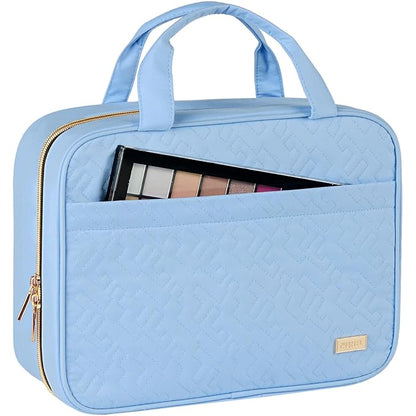 NISHEL Travel Toiletry Bag for women, Portable Hanging Organizer for Full-Sized Shampoo, Conditioner, Brushes Set, Makeup Accessories, Large Size, Placid-Blue