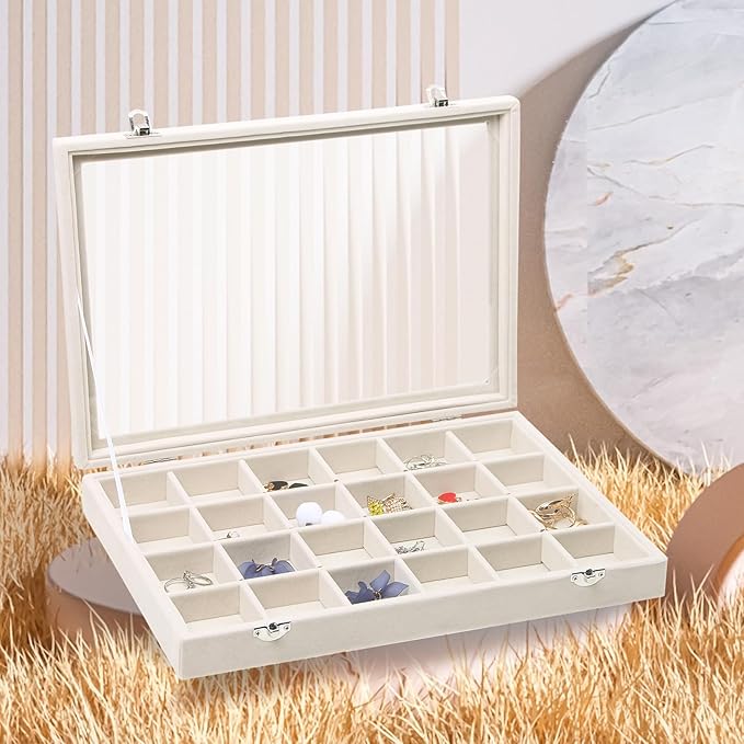 Stratalife Jewelry Organizer Jewelry Tray with Lid See-through Display Showcase Large Earring Organizer Velvet Storage Box for Earring Necklace Rings Dice Beige (24 Grids)