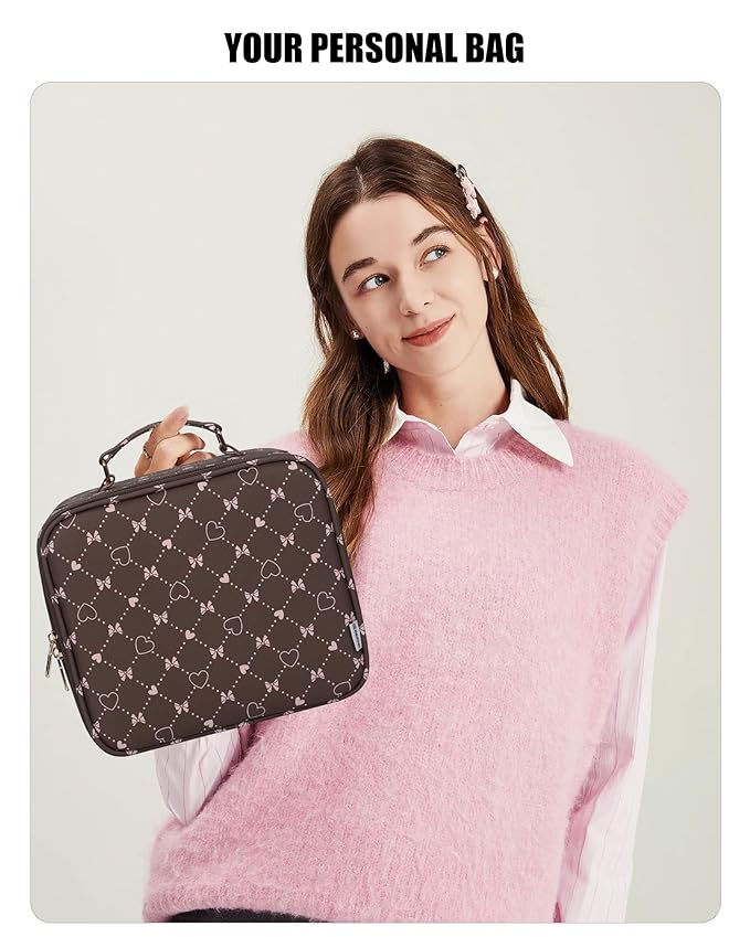 Relavel Travel Makeup Bag With LED Mirror, Portable Cosmetic Organizer Bag with Adjustable Brightness in 3 Color Scenarios, Small Train Case with Detachable Dividers for Trip- Brown Bowknot