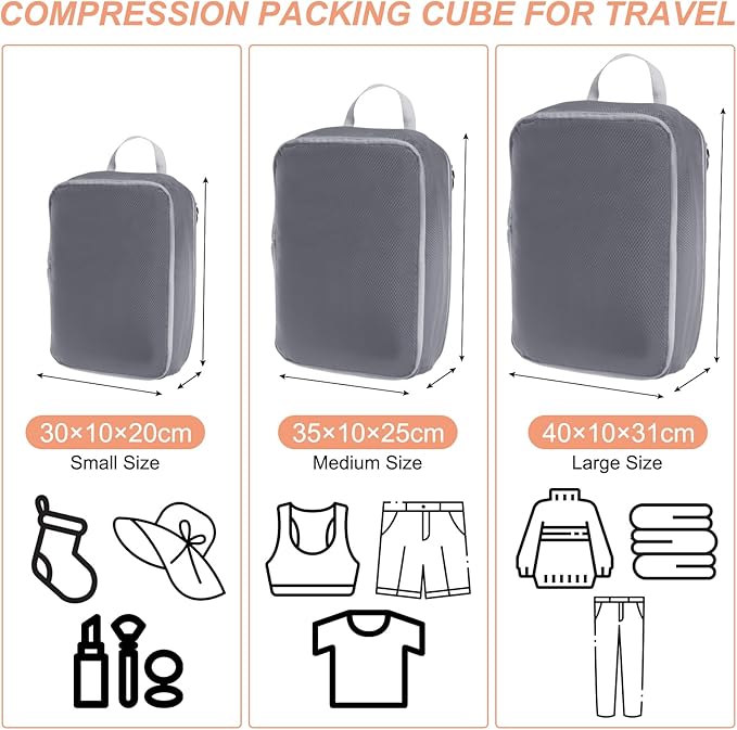 PATIKIL Compression Packing Cube for Travel, 3 Set Waterproof Nylon Luggage Organizer Bags Lightweight Compression Cube for Outdoor Suitcases Backpack, Gray