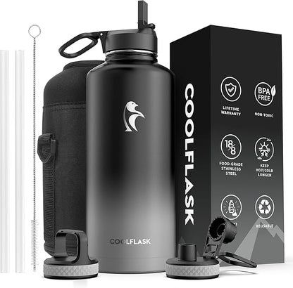 Coolflask Water Bottle 87 oz with Straw, 2/3 Gallon Insulated Stainless Steel 3 Lids Large Water Jug Wide Mouth for Sports or Office, Non-BPA Keep Cold Up to 48 Hrs or Hot Up to 24 Hrs, Piano Night