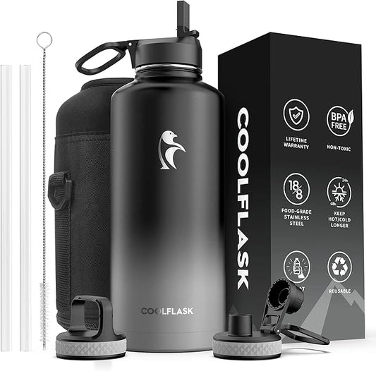 Coolflask Water Bottle 87 oz with Straw, 2/3 Gallon Insulated Stainless Steel 3 Lids Large Water Jug Wide Mouth for Sports or Office, Non-BPA Keep Cold Up to 48 Hrs or Hot Up to 24 Hrs, Piano Night