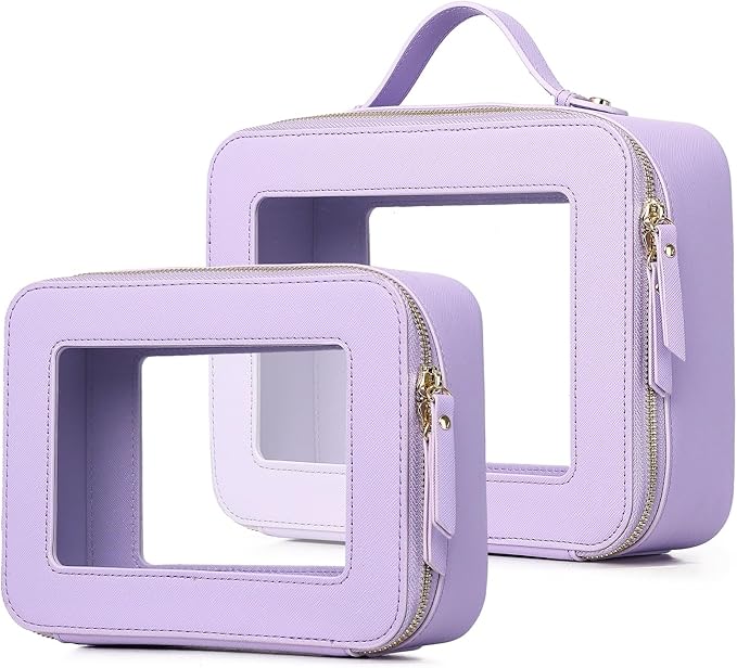 Pinkmik Clear Makeup Bag for Women Waterproof Travel Cosmetics and Toiletries Case Portable Makeup Oaganizer Bag Clear Car Bag with Zipper (X/Purple, M+L)