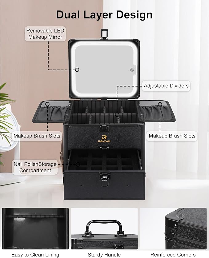 Relavel Makeup Bag with LED Mirror, Dual Layer Cosmetic Train Case with Light up Mirror Large Travel Makeup Artist Organizer Bag for Women with Adjustable Dividers & Nail Polish Organizer, Black