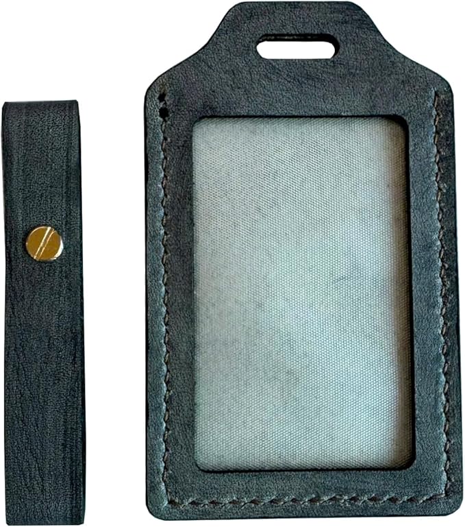 Mayan Corner - Leather Luggage Tag with Celtic Raven Design, ID Window, Grey, Brass Hardware, 4.3 x 2.7 inches