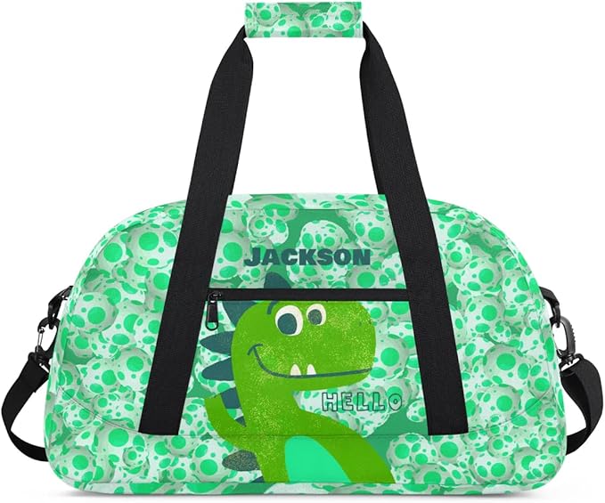 Personalized Duffel Bag for Kids Girls Boys, Dinosaur Custom Name Gym Bag Overnight with Padded Handles Carry On Weekend Sports Travel Bag for School Practice Gymnastics Ballet