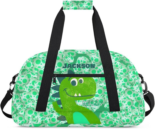 Personalized Duffel Bag for Kids Girls Boys, Dinosaur Custom Name Gym Bag Overnight with Padded Handles Carry On Weekend Sports Travel Bag for School Practice Gymnastics Ballet