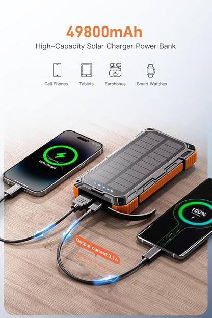 Solar Power Bank 49800mAh Wireless Portable Charger with USB-C 15W Fast Charging with 4 Built-in Cables LED Flashlight Battery Pack Compatible with iPhone, iPad, Smartphone,Perfect for Camping, Hiking