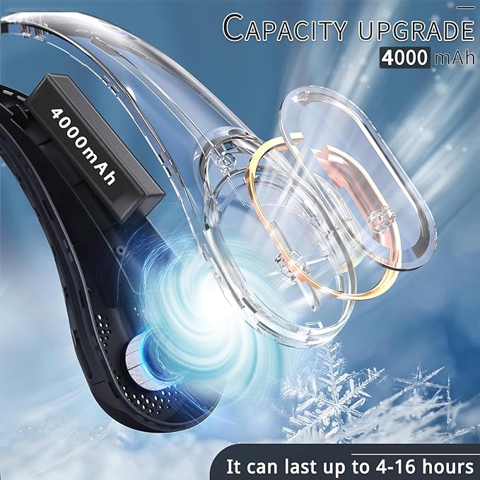 Neck Fan, Bladeless Neck Fan, 4000 mAh Rechargeable Personal Fan, 360° Hands Free Wearable Fan, 3 Speeds Adjustable,Faster Cooling, Ultra Quiet, Suitable for Home, Office, Travel, Sports