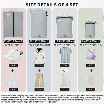 4 Set Vacuum Bags for Travel, Professional Reusable Organizer Bag with IPX8 Waterproof Zipper, Compression Bag for Suitcases, Durable Seal Space Saver Bags (with pump)