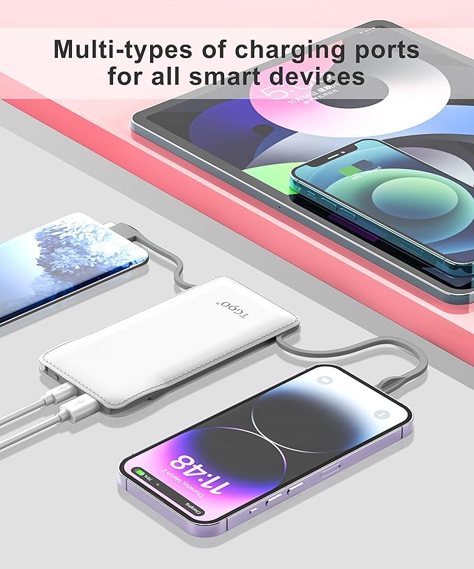 TG90° 10000mAh Power Bank Built-in Cables(No Plug), Pocket Size USB C Portable Charger, 3A Fast Charging External Battery Pack, Travel Essential Phone Powerbank Compatible with iPhone Samsung iPad