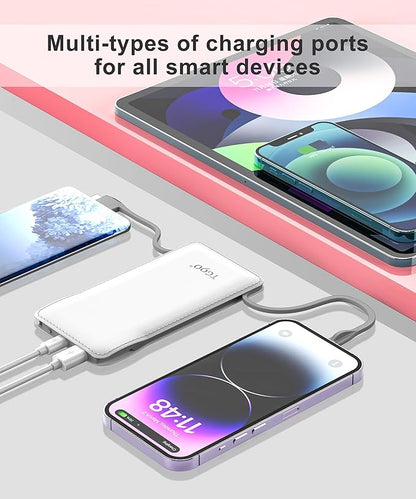 TG90° 10000mAh Power Bank Built-in Cables(No Plug), Pocket Size USB C Portable Charger, 3A Fast Charging External Battery Pack, Travel Essential Phone Powerbank Compatible with iPhone Samsung iPad