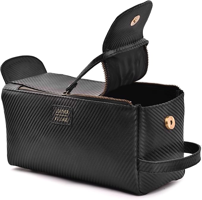 LEATHER VILLAGE Premium Carbon Fiber Genuine Leather Travel Toiletry Bag - Large Dopp Kit, Water-Resistance Bathroom & Shaving Organizer for Men & Women - Black