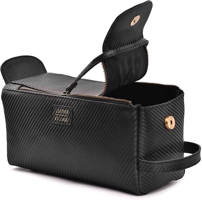 LEATHER VILLAGE Premium Carbon Fiber Genuine Leather Travel Toiletry Bag - Large Dopp Kit, Water-Resistance Bathroom & Shaving Organizer for Men & Women - Black