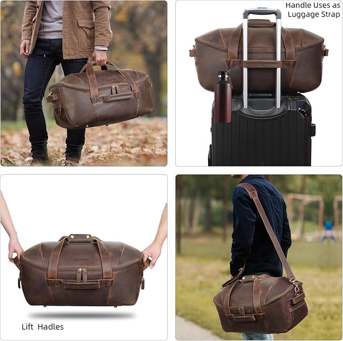 Masa Kawa Leather Duffle Bags for Men Travel Gym Cowhide Weekender Overnight 30L Carry on Luggage Duffel Bag with Dividers Toiletry Wet Pocket, Vintage Brown