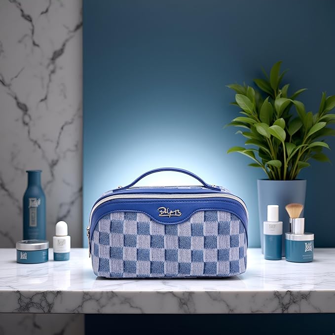 BOYATU Travel Makeup Bag for Women: Large Cosmetic Bag Set of 3 - PU Leather Make up Bag with Compartments - Compact Waterproof Toiletry Bag with Divider & Handle (D-1-Blue)