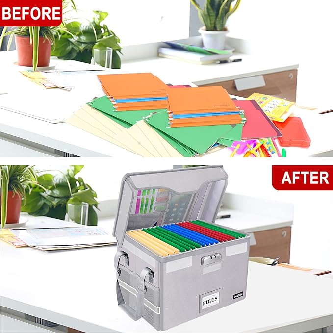 DocSafe Fireproof Document Box with Lock,File Storage Organizer with Zipper Pockets,Collapsible Portable File Box Home Office Safe Filing Cabinet with Handle for Hanging Letter/Legal Folder,Silver