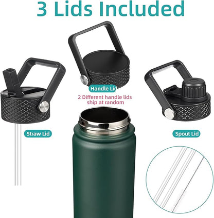 Insulated Water Bottle 24oz Stainless Steel Sport Bottles with 3 Lids,Army Green