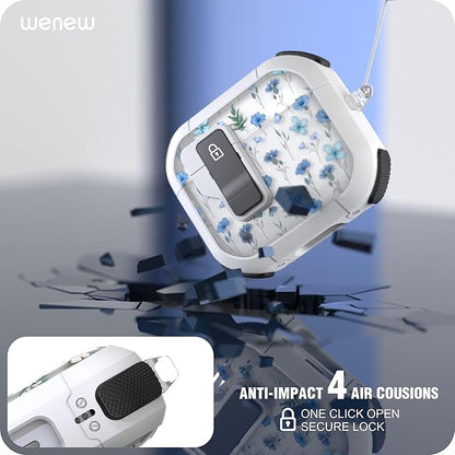 WENEW Case for AirPods 3 Case Cover Secure Lock Automatic Snap Switch Clip Cleaner Kit Lanyard Women Stylish Flower Armour Hard Shell Full Body Front LED Visible (Blue Flower, AirPods 3rd)