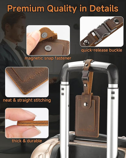 Premium Genuine Leather Luggage Tags for Suitcases - Quick Release, Privacy Protection, Elegant and Durable, Travel Essential Luggage Tag - 2 Pack Coffee